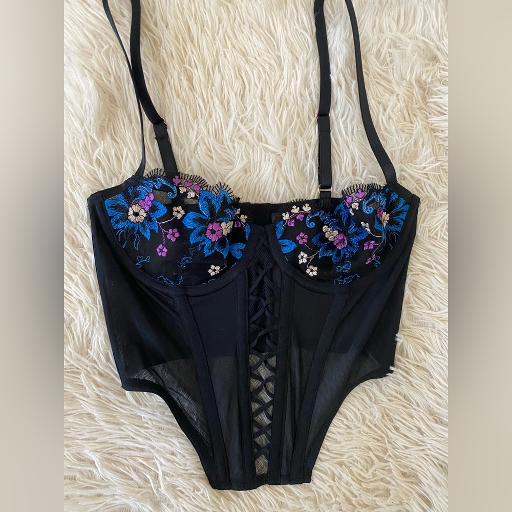 Savage X Fenty Black Bodysuit with Floral Embroidery